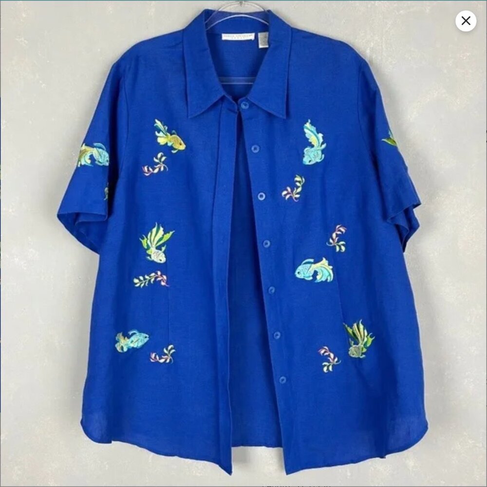 Vintage Sarah Spencer size 20W button down shirt embroidered fish blue linen - Picture 2 of 8